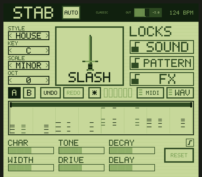 The STAB plugin: STYLE, KEY, SCALE and OCT selectors, the SLASH button with the sword, three locks, the pattern grid and six macro sliders.